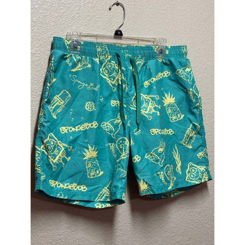 Nickelodeon SpongeBob SquarePants Swim Trunks Mens Large Teal Green Board Shorts